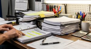 Repair orders and warranty records on a desk