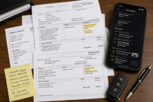 Repair orders and app screenshots documenting software defects in a lemon law case