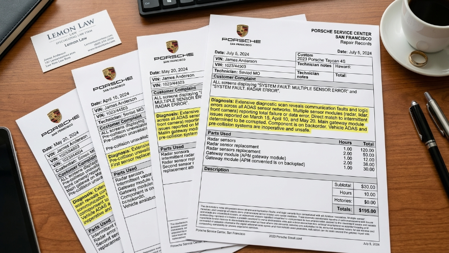 Repair records documenting repeated ADAS and sensor defects for lemon law claim