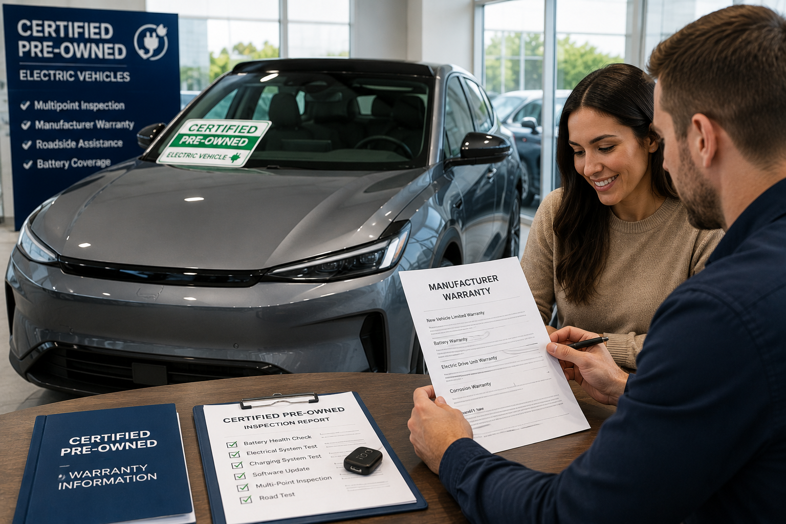 Certified pre-owned electric vehicle with manufacturer warranty documents