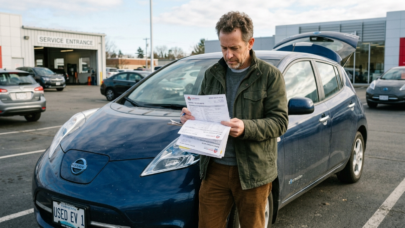 Owner reviewing repair orders and dealership service records beside a used electric vehicle